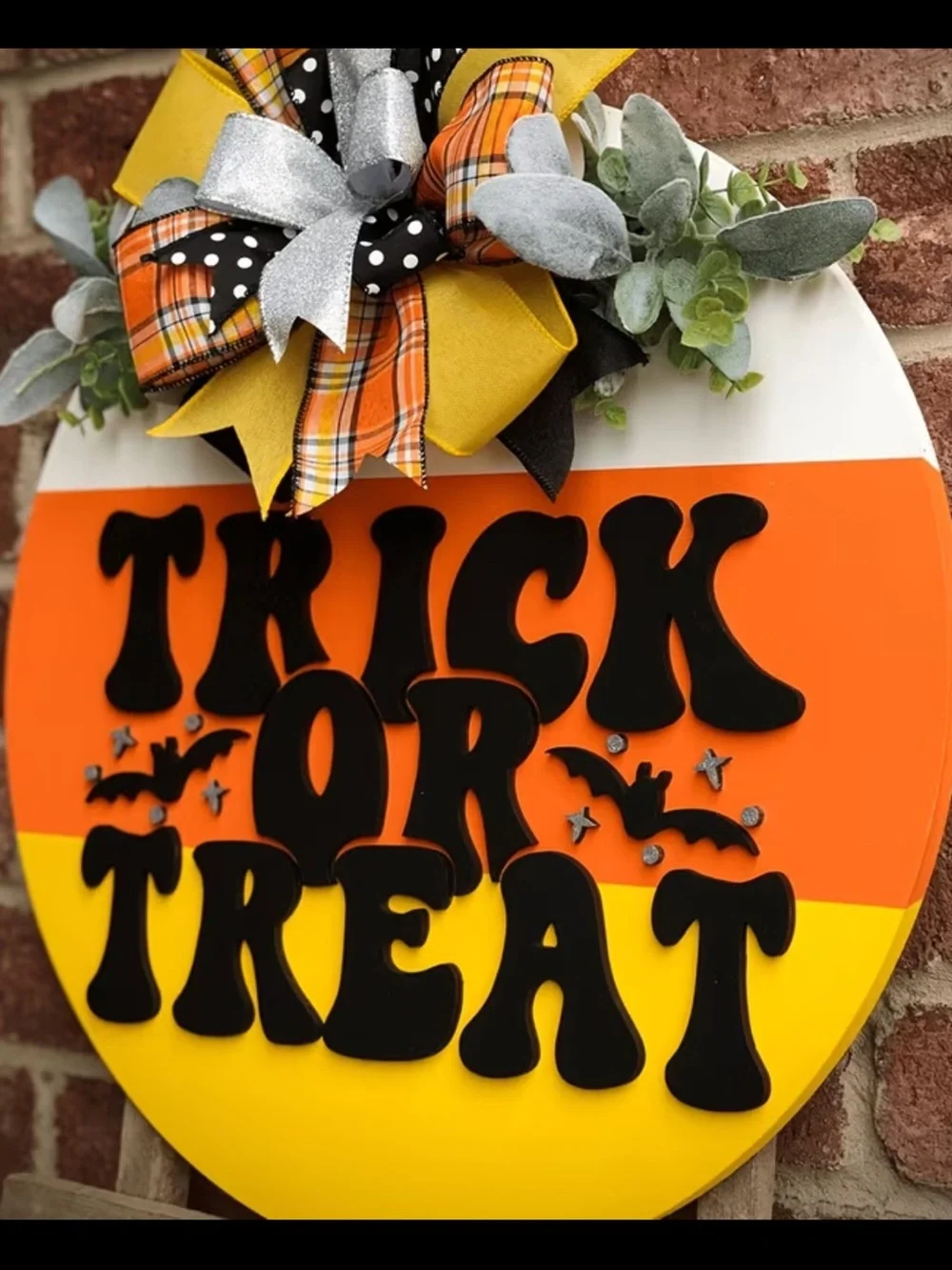Retro 70’s Style Trick or Treat Candy Corn Door Hanger - Orange, Yellow & Bows